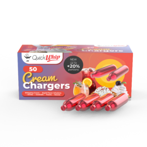 QuickWhip PRO 9g N2O cream chargers, 50-pack box, front view